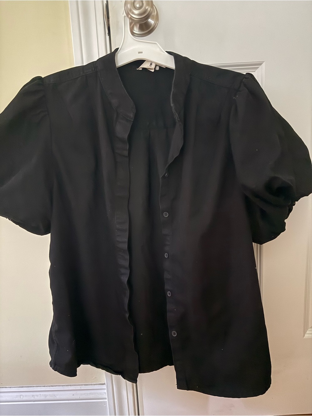 Black Short Sleeve Button Front Blouse, heavy cotton with puff sleeves